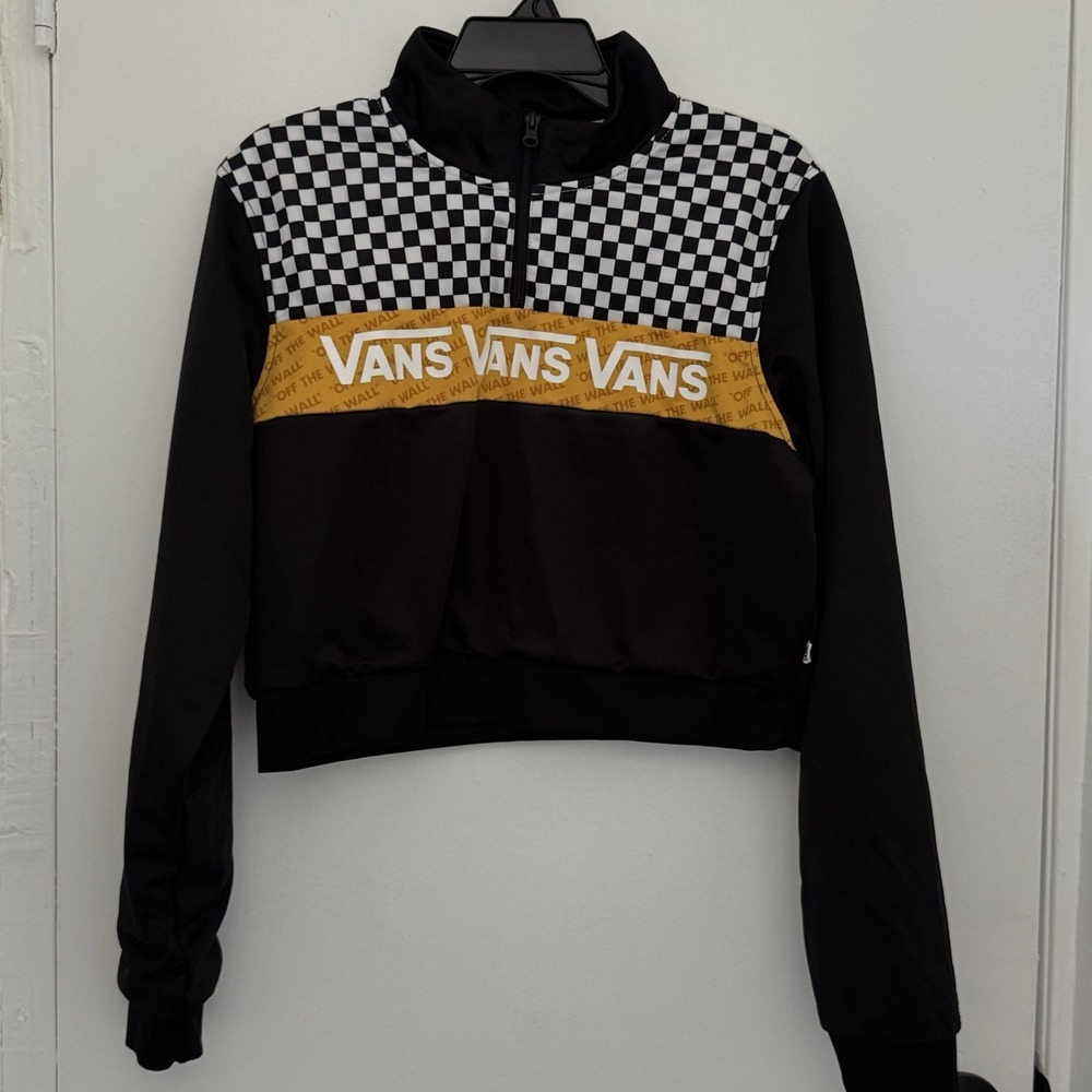 VANS OFF THE WALL Jacket Womens L Yellow Black Checkered CROPPED PULLOVER Skate